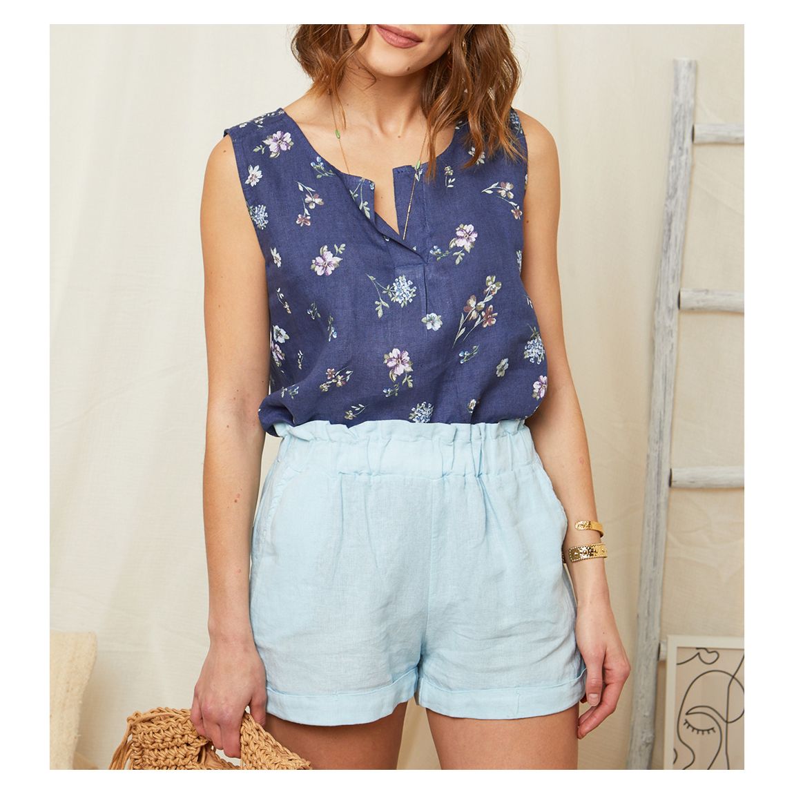 Navy Floral Linen Top main product photo