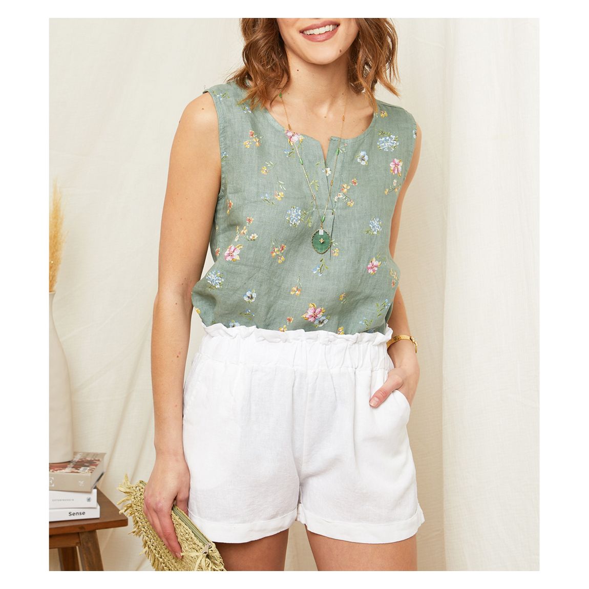 Khaki Floral Linen Top main product photo