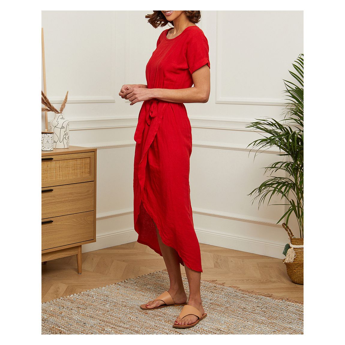 Red Tie Front Linen Midi Dress main product photo