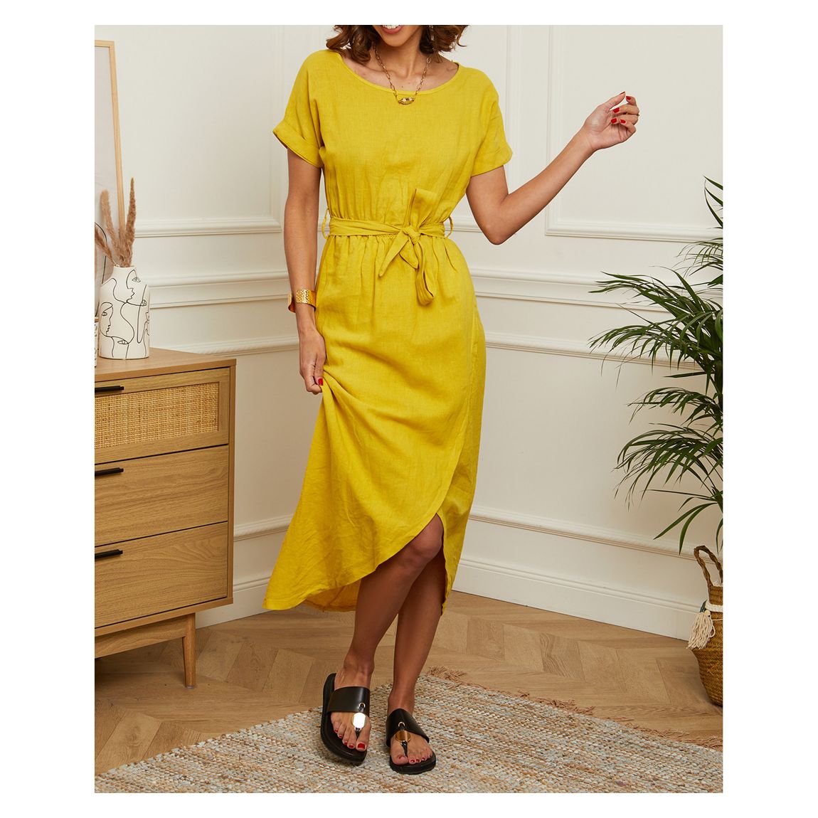 Yellow Linen Tie Waist Midi Dress main product photo