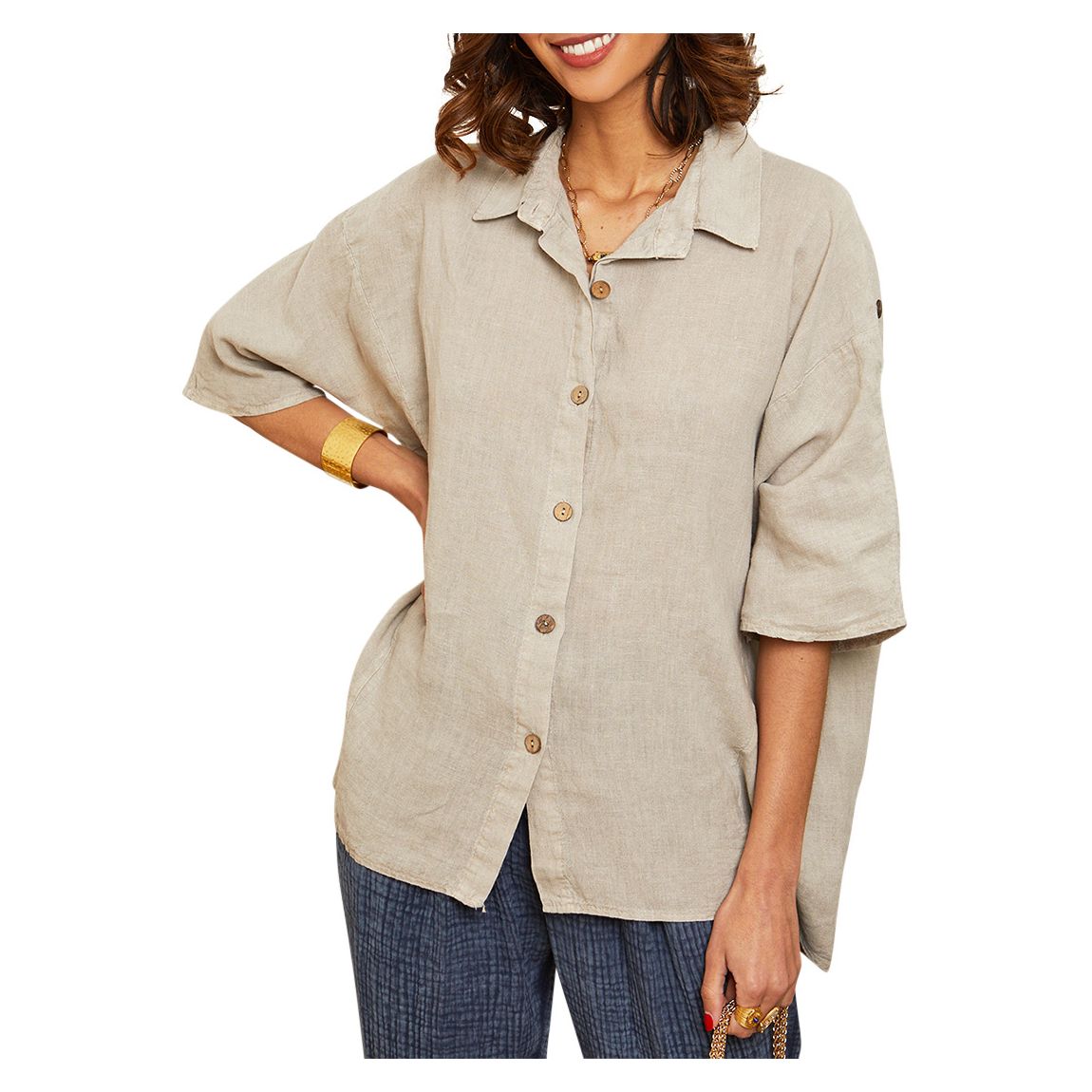 Beige Button Through Linen Blouse main product photo