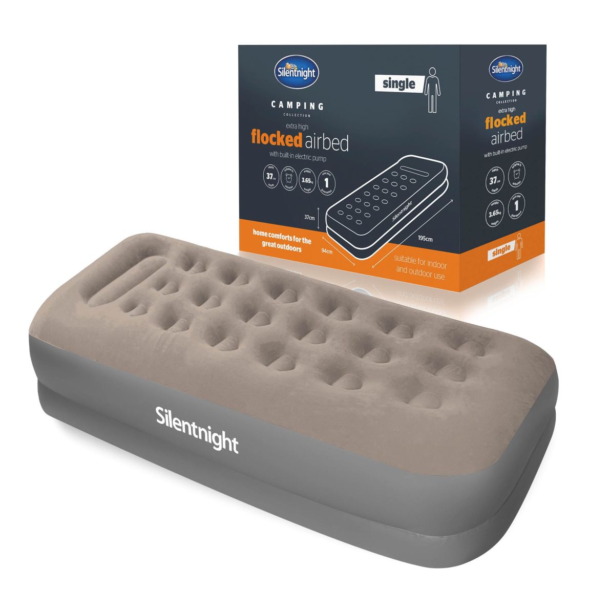 Silentnight Camping Collection Flock Airbed - Electric Pump - Grey - Single main product photo