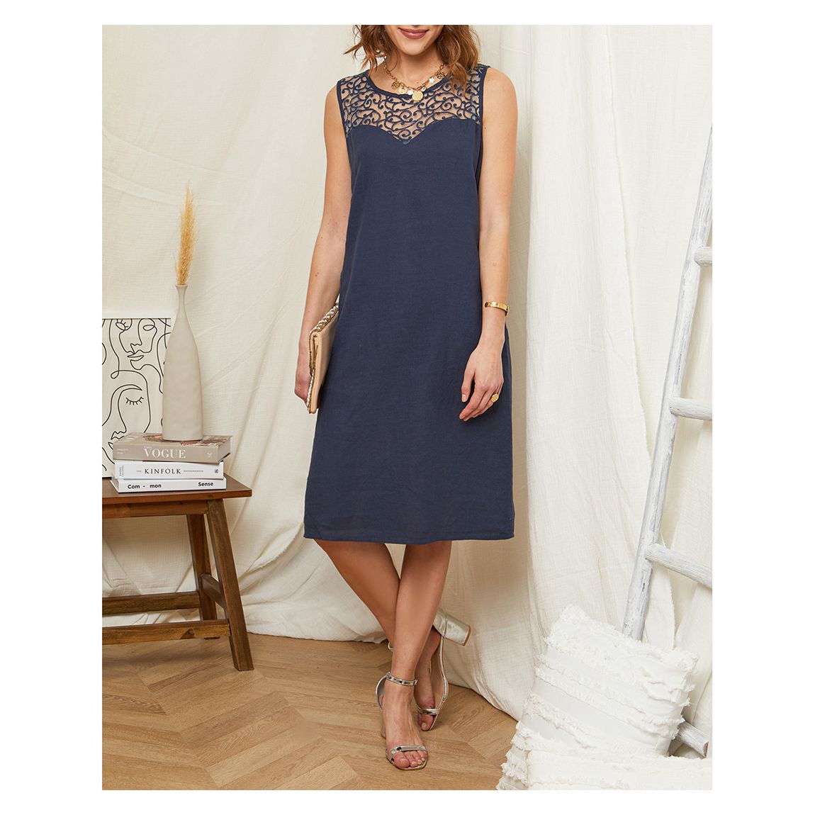 Navy Embroidered Detail Linen Dress main product photo