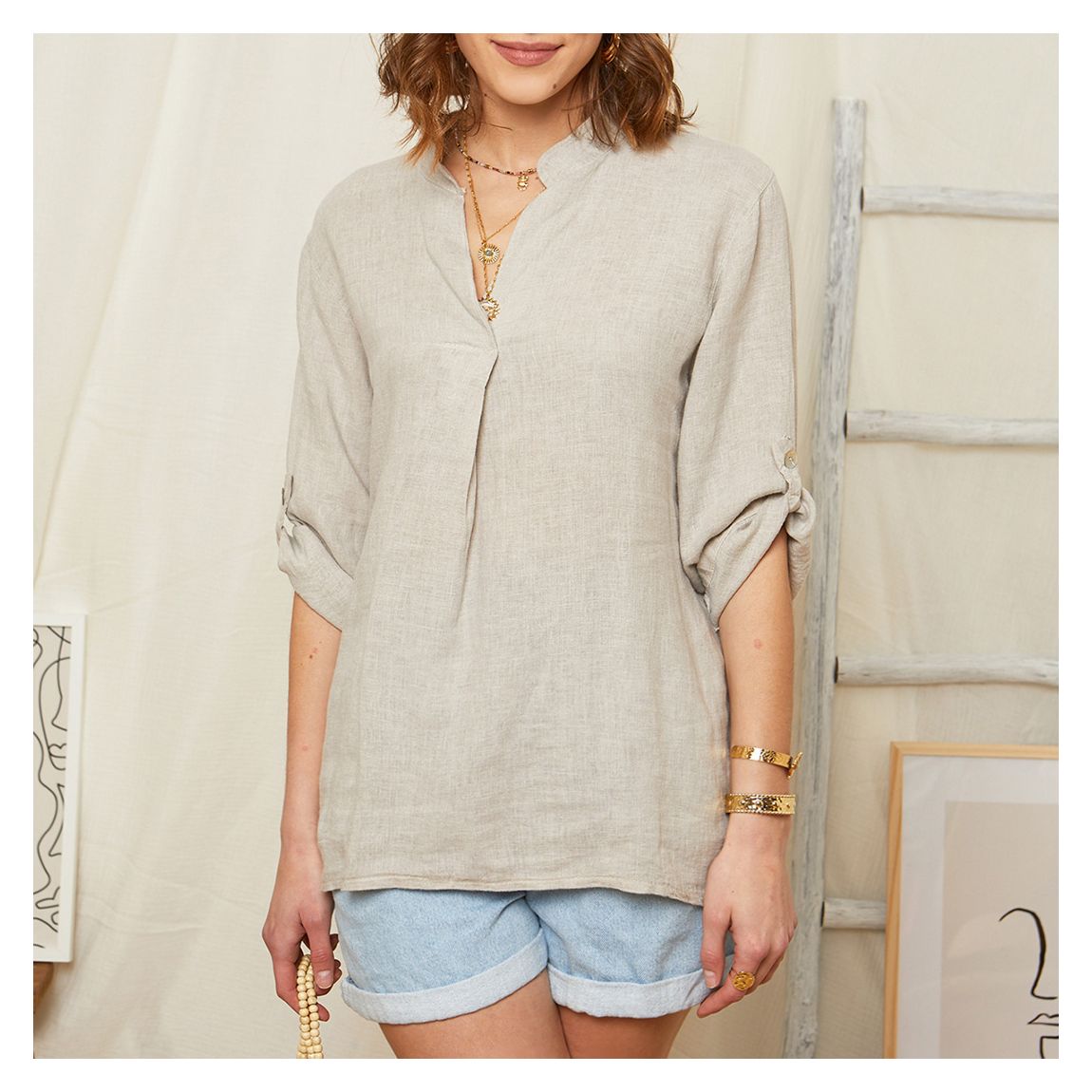 Taupe Linen Tunic Neck Top main product photo