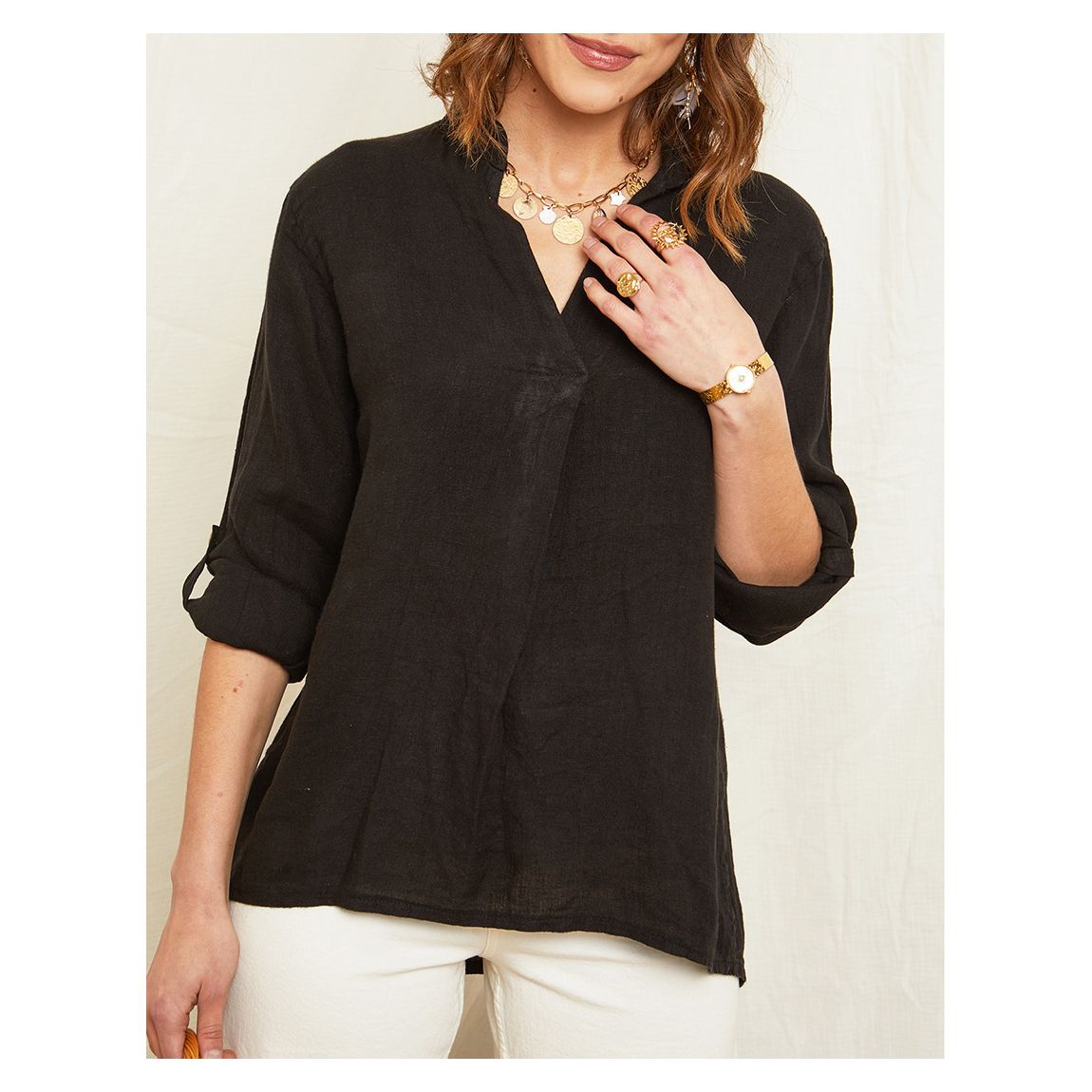 Black Linen Tunic Neck Top main product photo