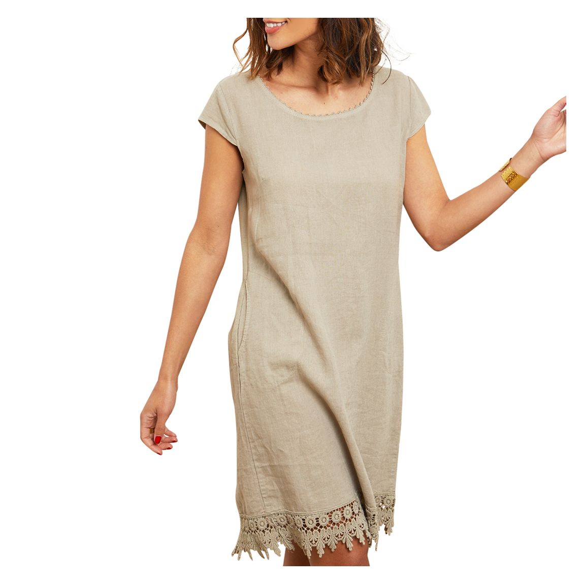 Taupe Embroidered Hem Linen Dress main product photo