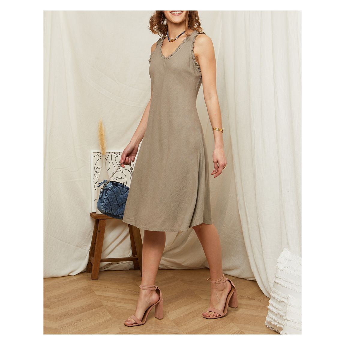 Taupe Frill V-Neck Dress main product photo