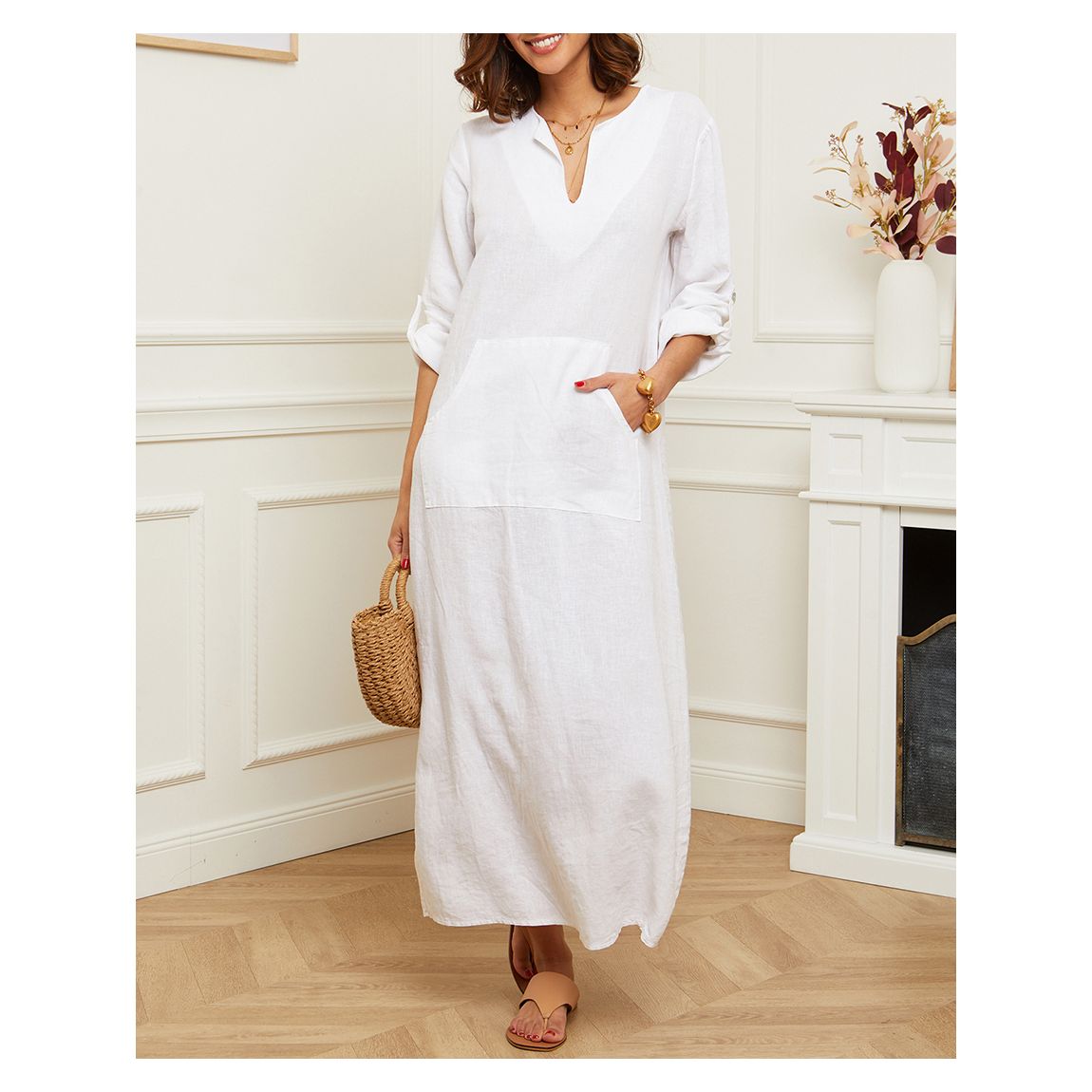 White Pocket Linen Maxi Dress main product photo