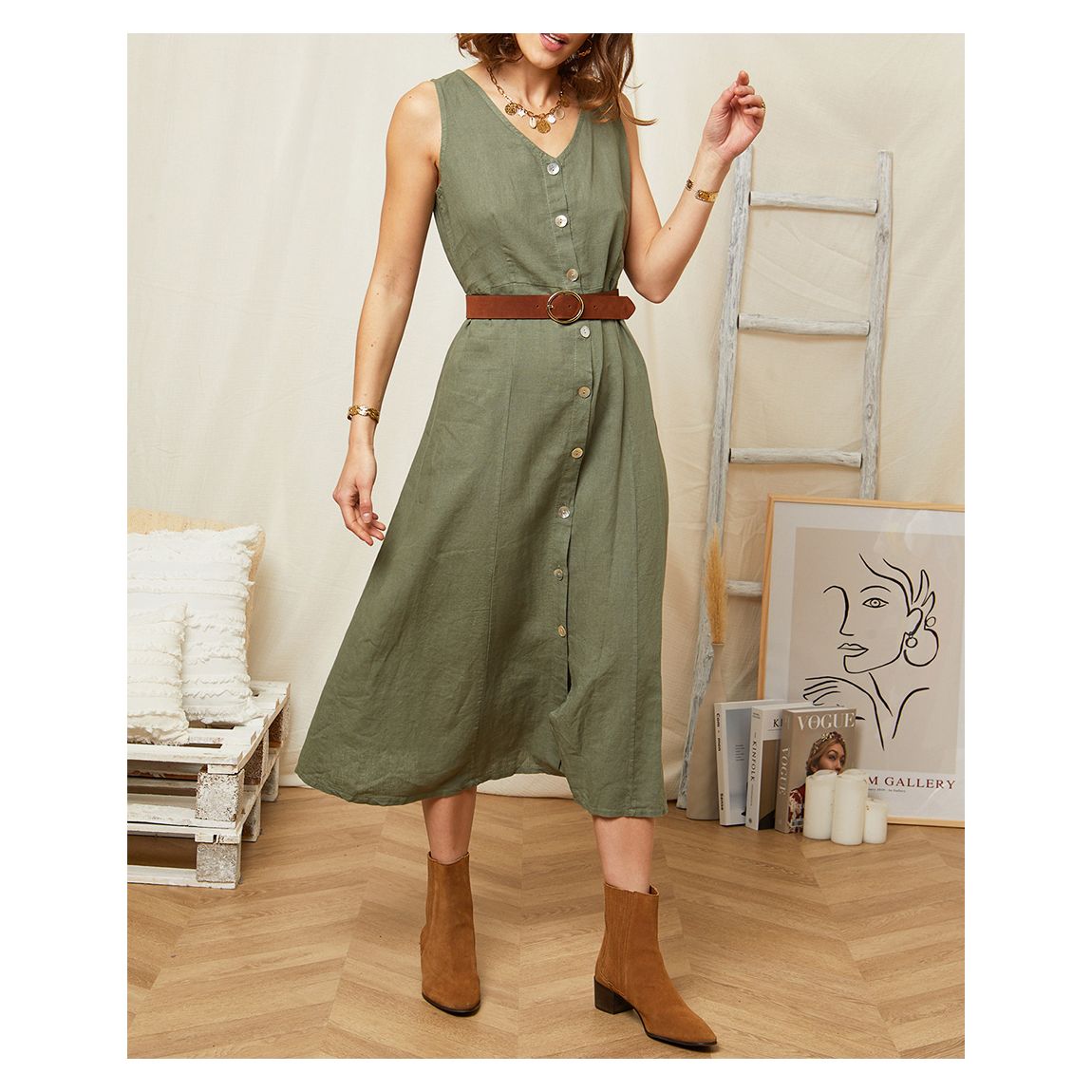 Khaki V Neck Linen Midi Dress main product photo