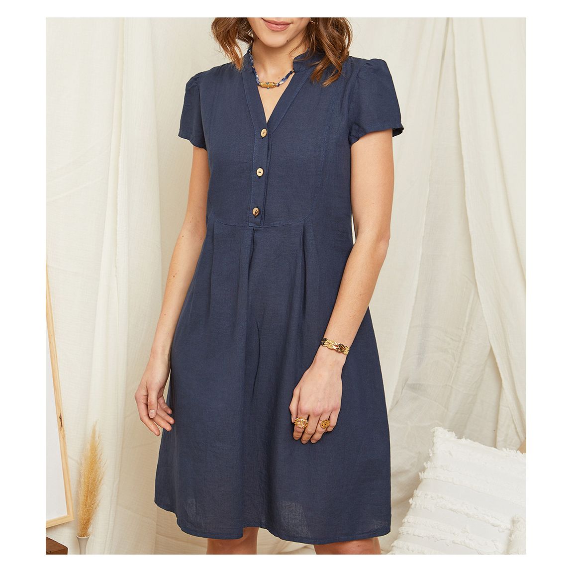 Navy Button Linen Mini Dress main product photo
