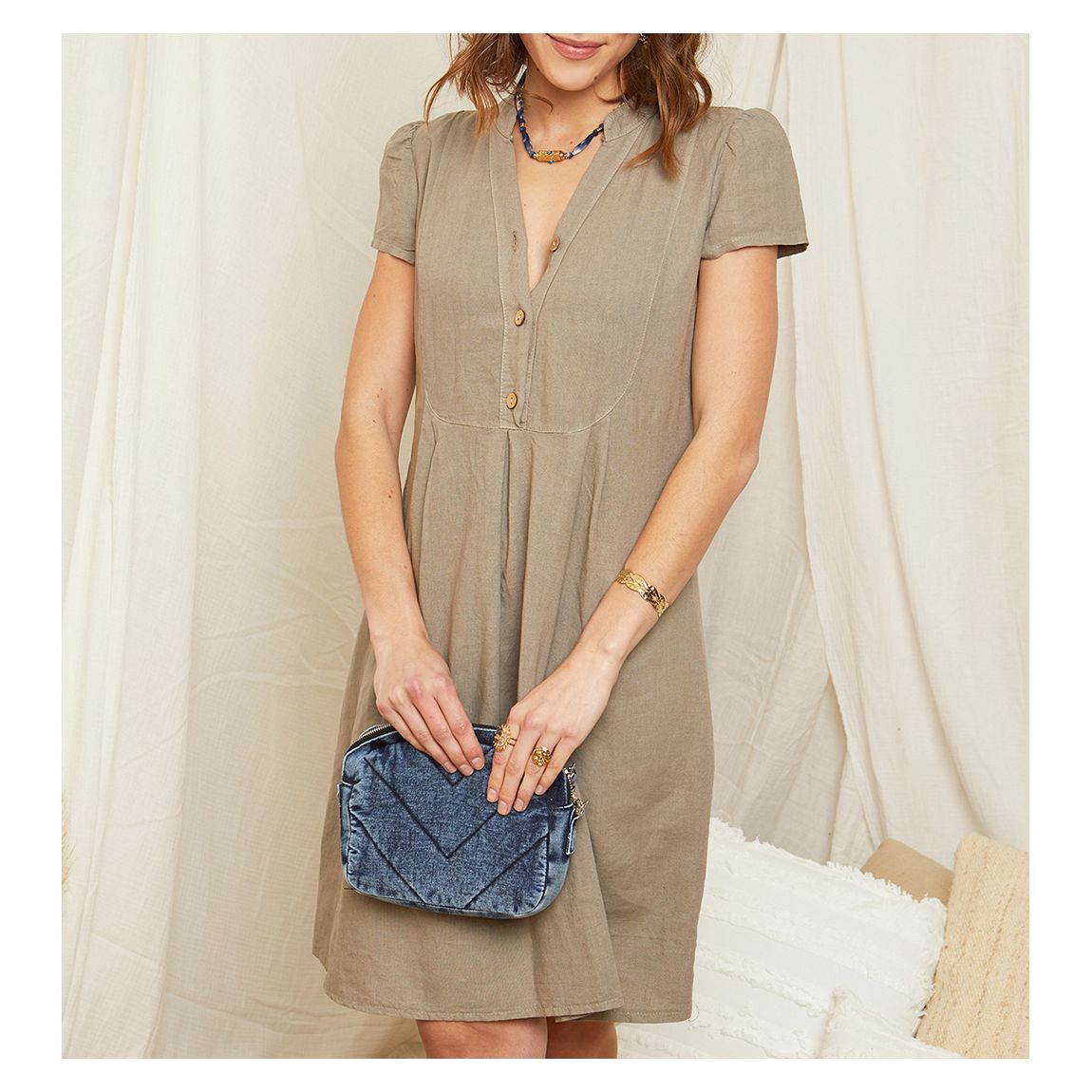 Taupe Button Linen Mini Dress main product photo
