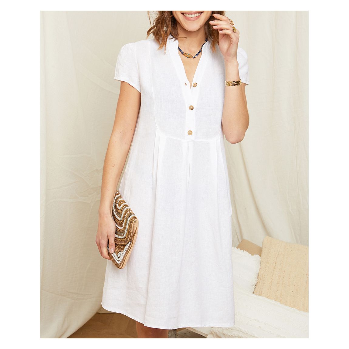 White Button Linen Mini Dress main product photo