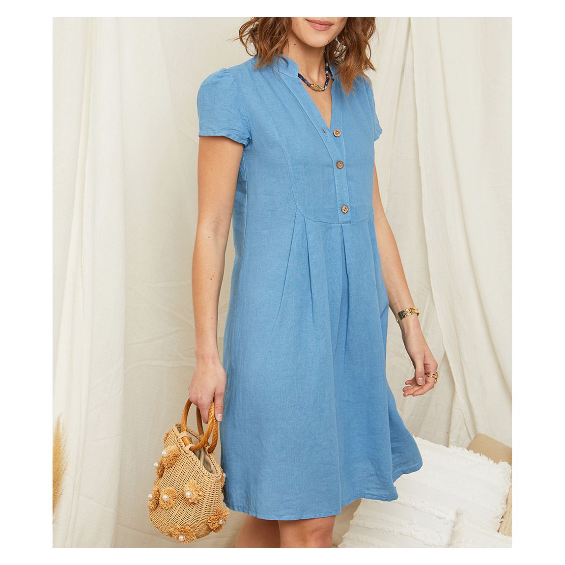 Indigo Button Linen Mini Dress main product photo