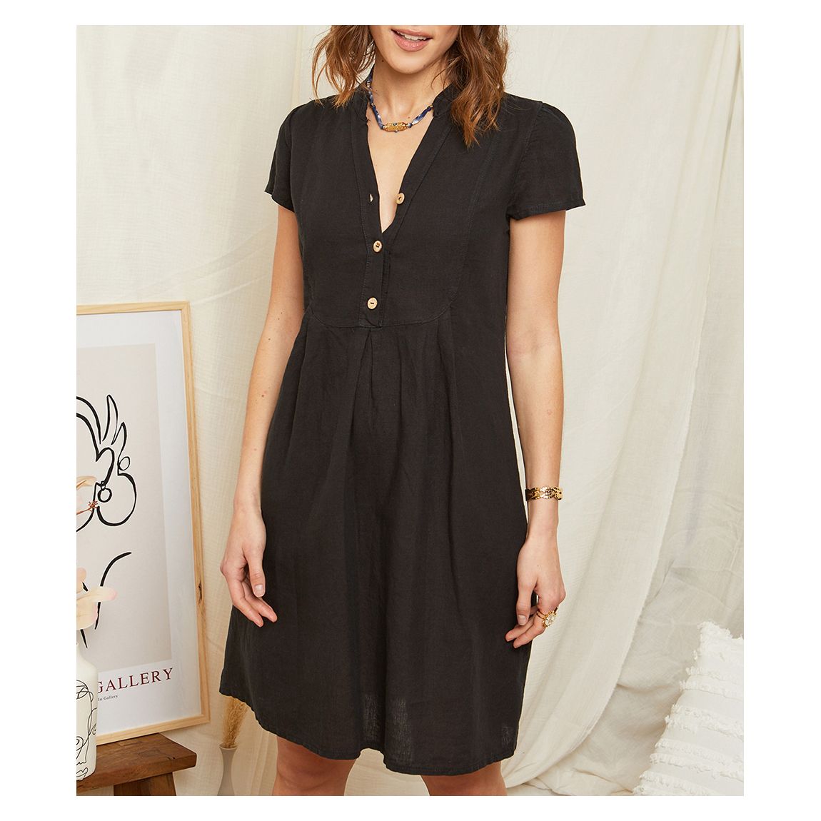 Black Button Linen Mini Dress main product photo