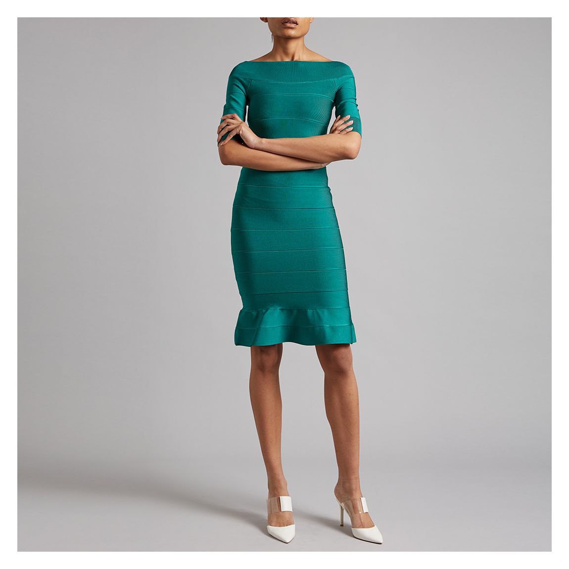 Alpine Green Boat Neck Flare Bandage Dress main product photo