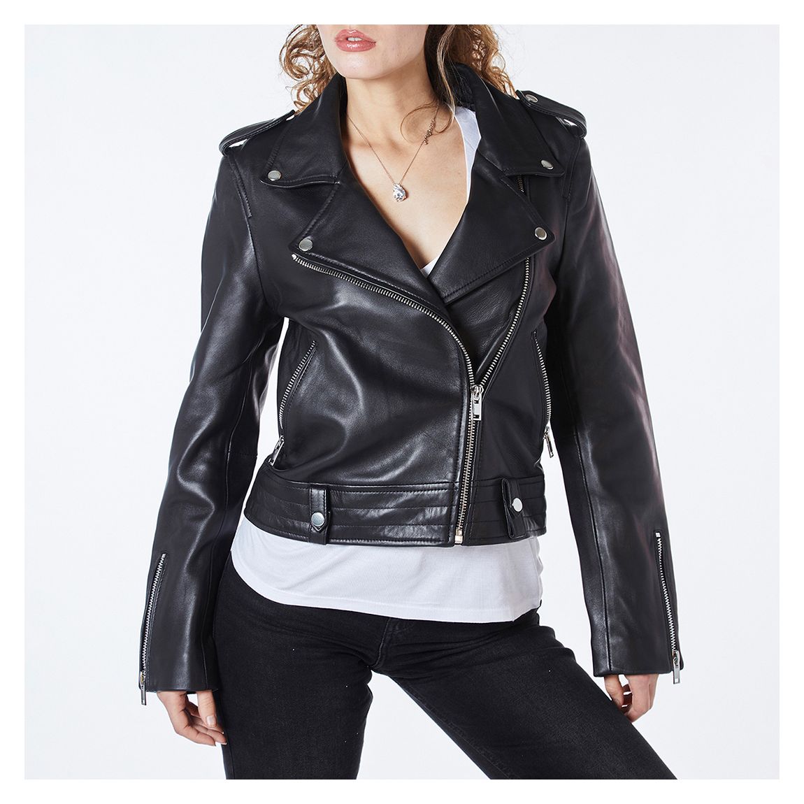 Black Ria Leather Biker Jacket main product photo