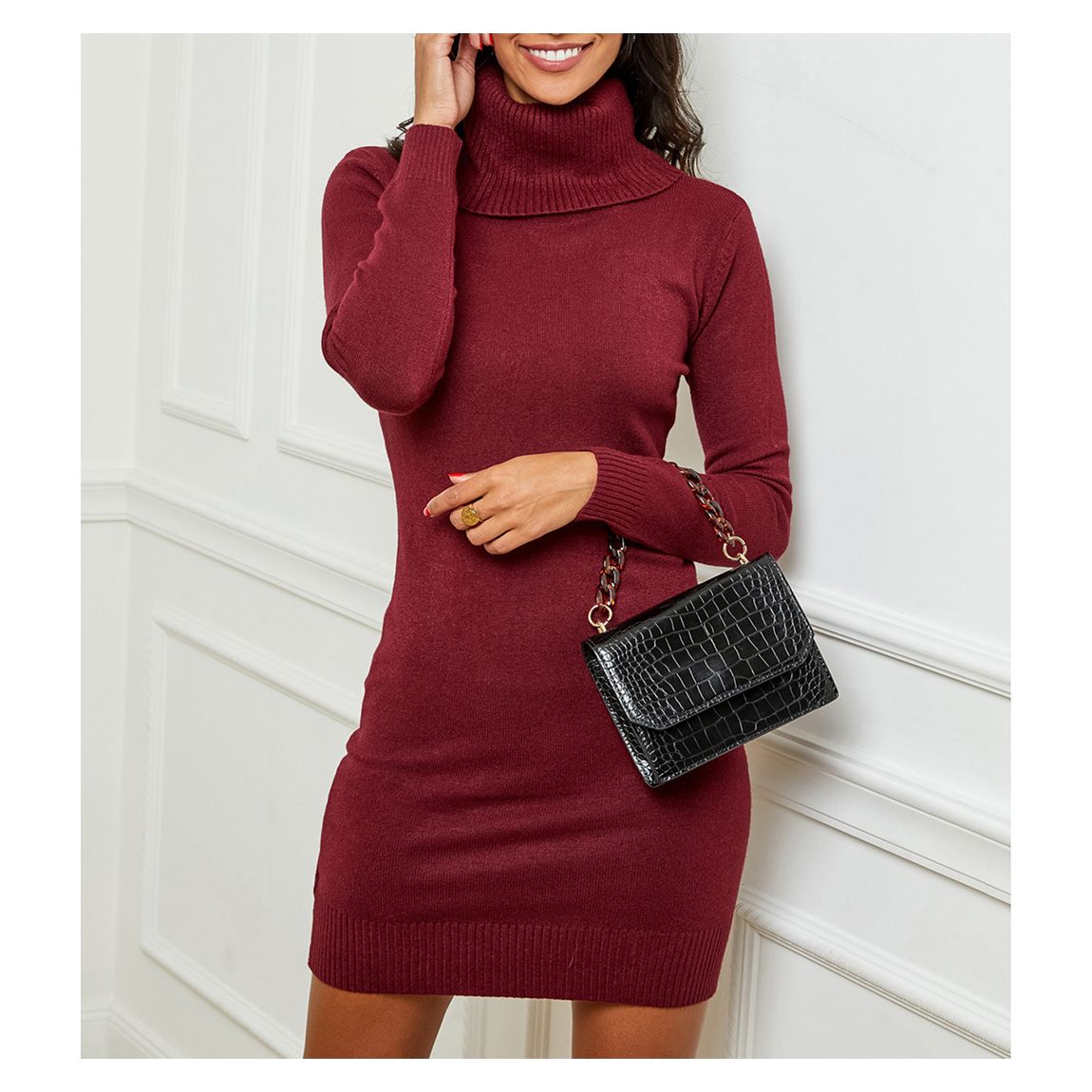 Burgundy Roll Neck Cashmere Blend Dress main product photo
