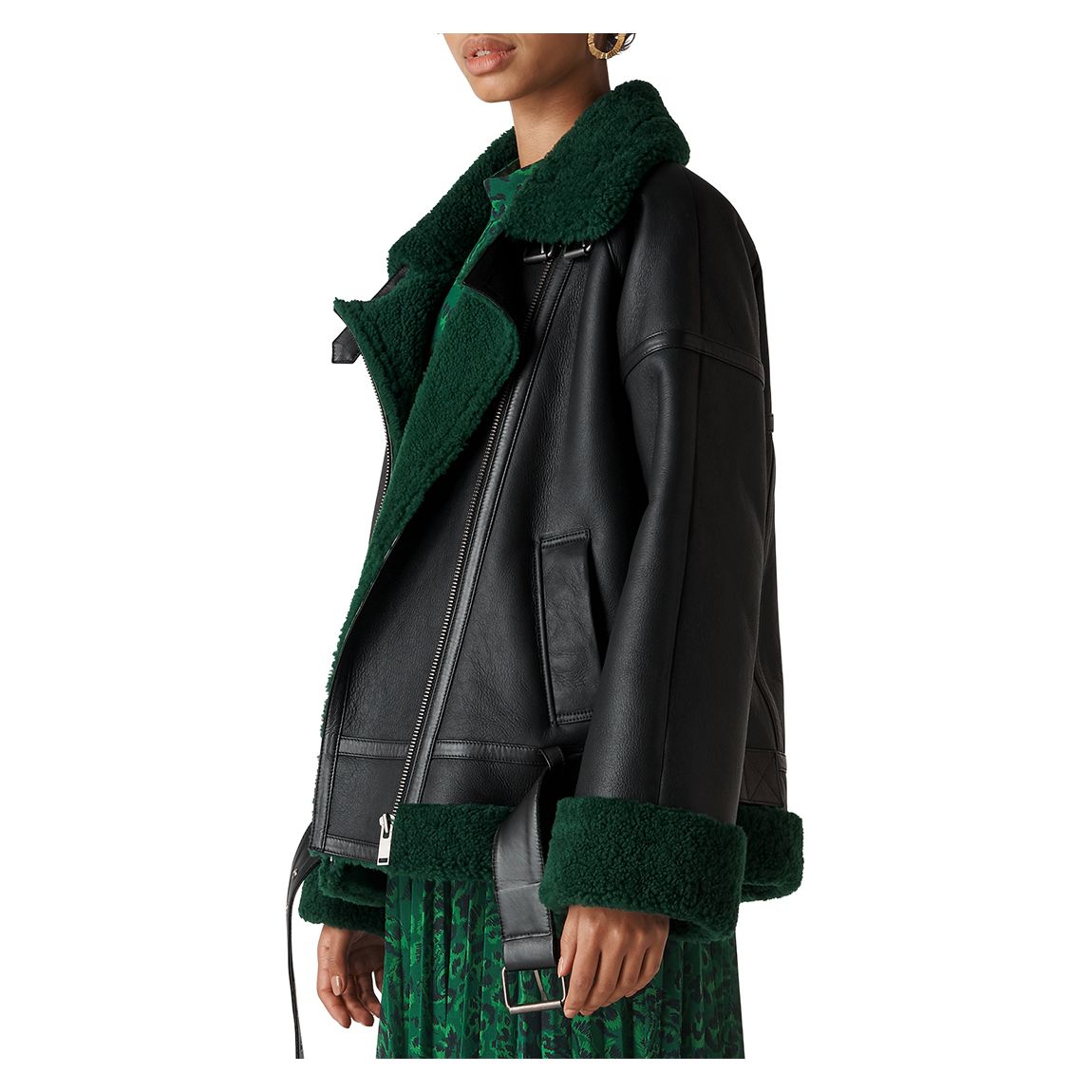 Black Longline Shearling Lamb Leather Biker Jacket main product photo