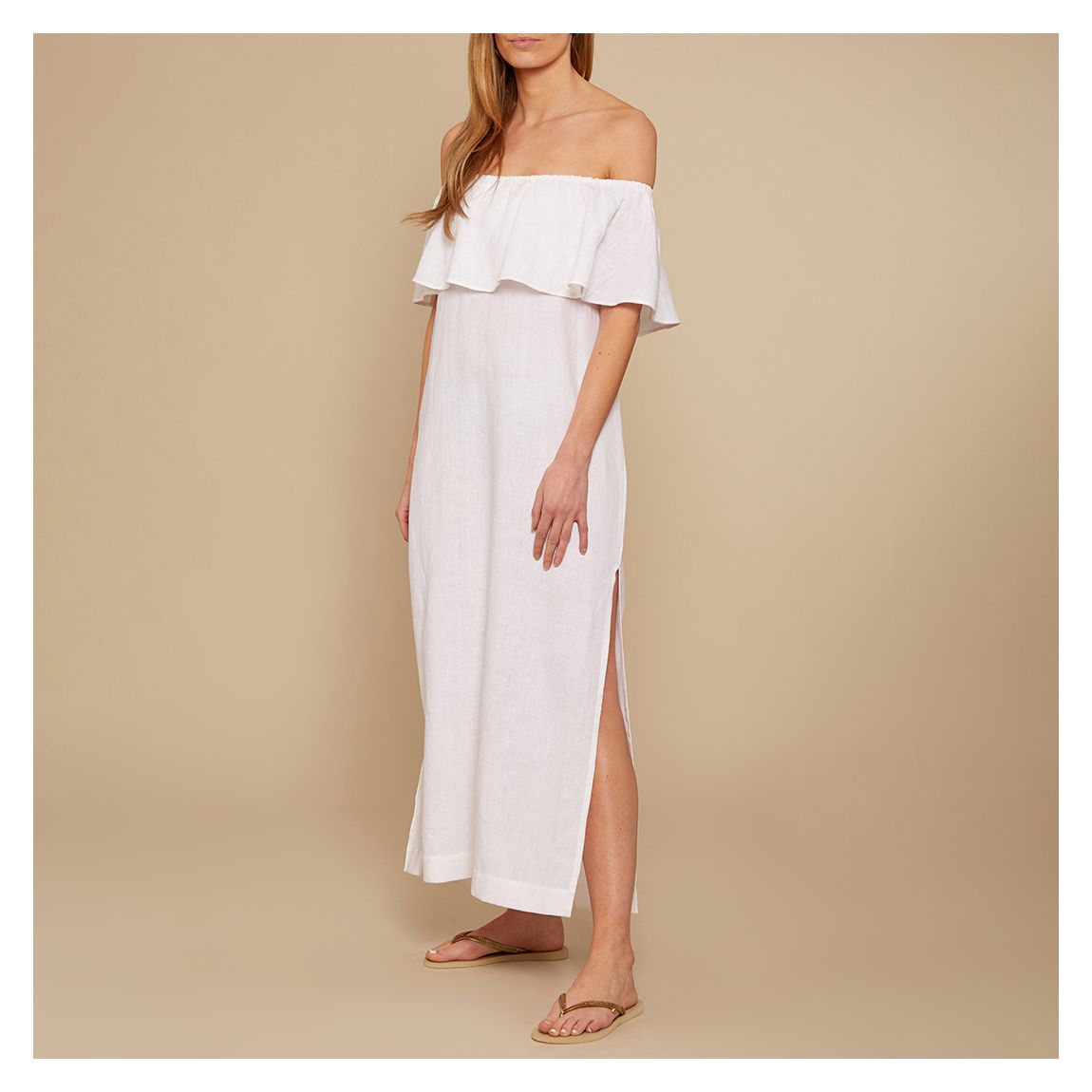 White Linen Frill Bardot Maxi Dress main product photo