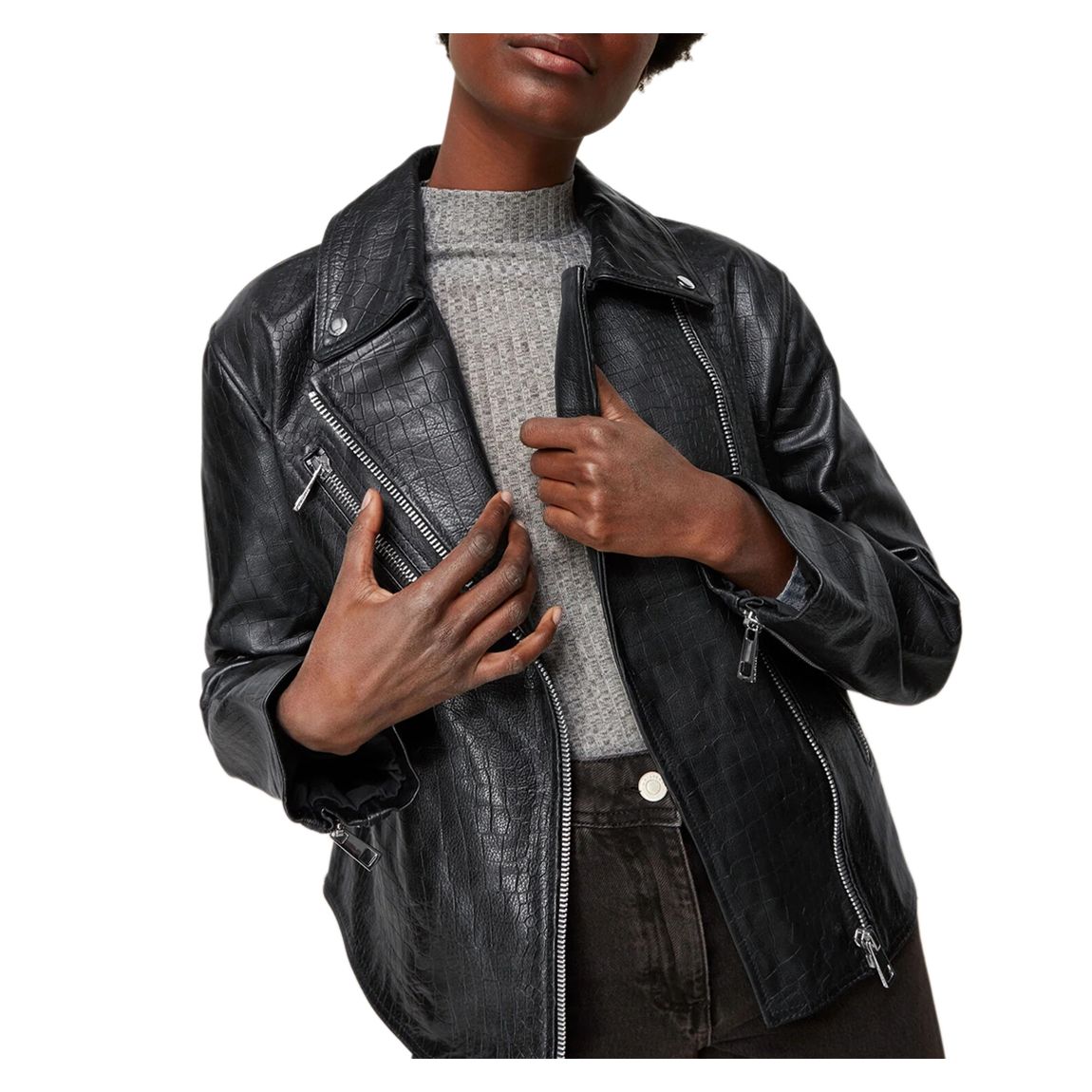 Black Adriana Leather Croc Biker Jacket main product photo
