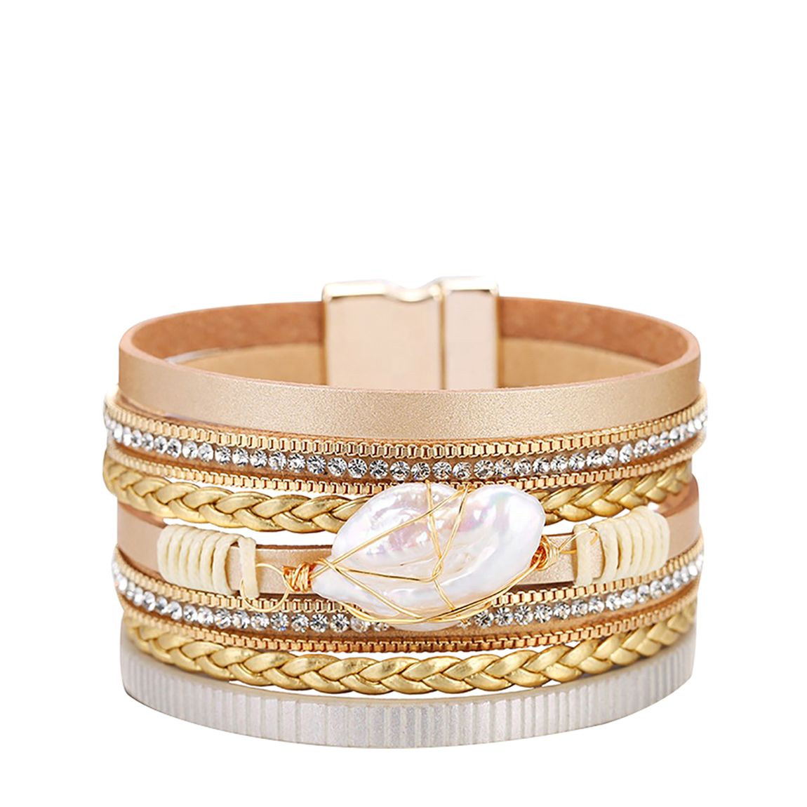 18K Gold Champagne Leather Pearl Bracelet main product photo