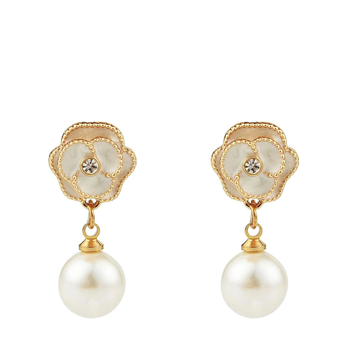 18K Gold Rose And Pearl Drop Earrings main product photo