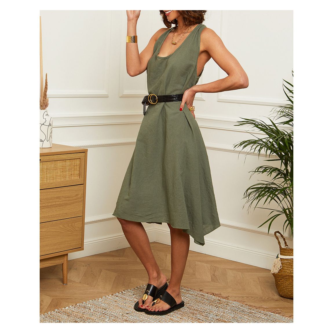 Khaki Linen Midi Dress main product photo