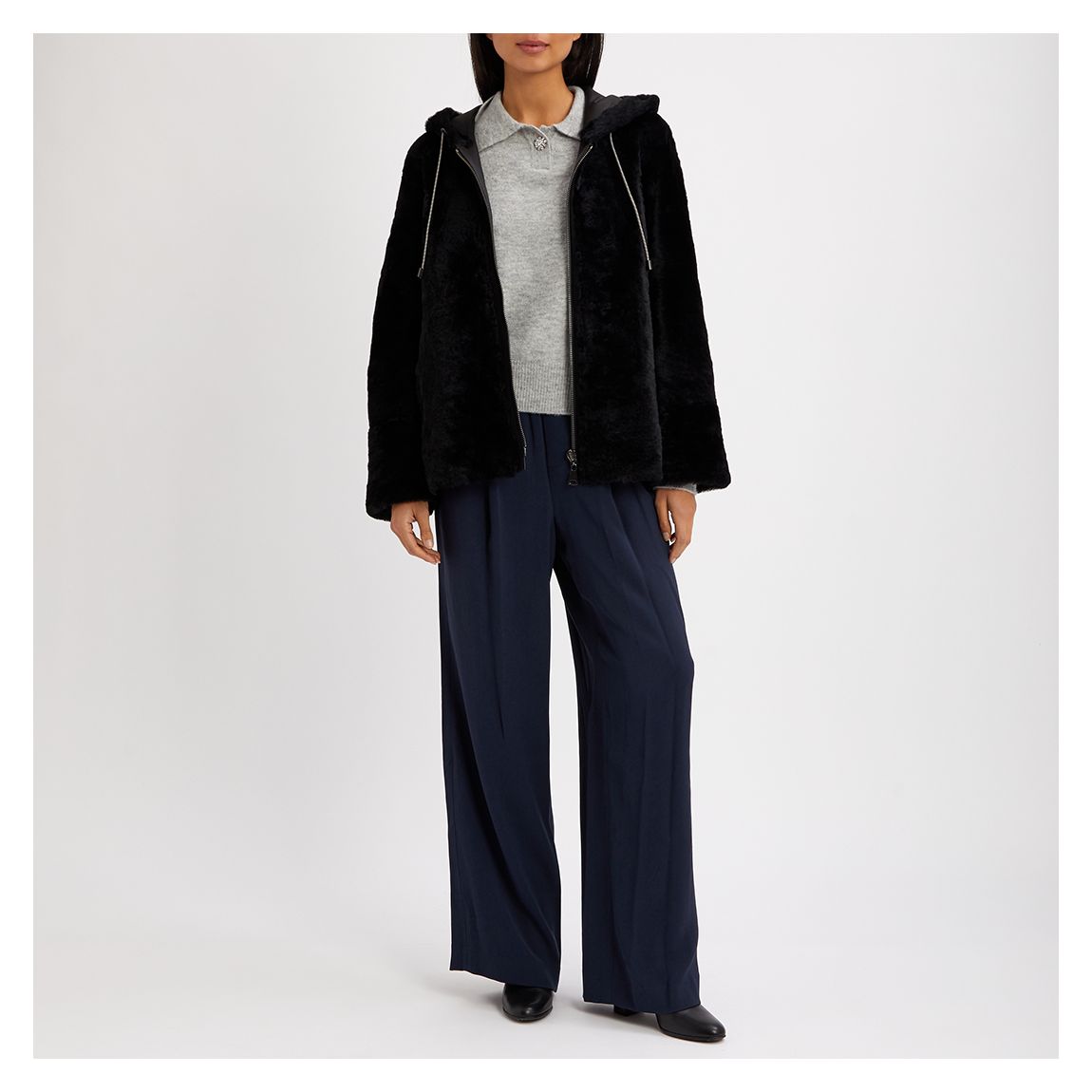 Black Reversible Shearling Hooded Jacket main product photo