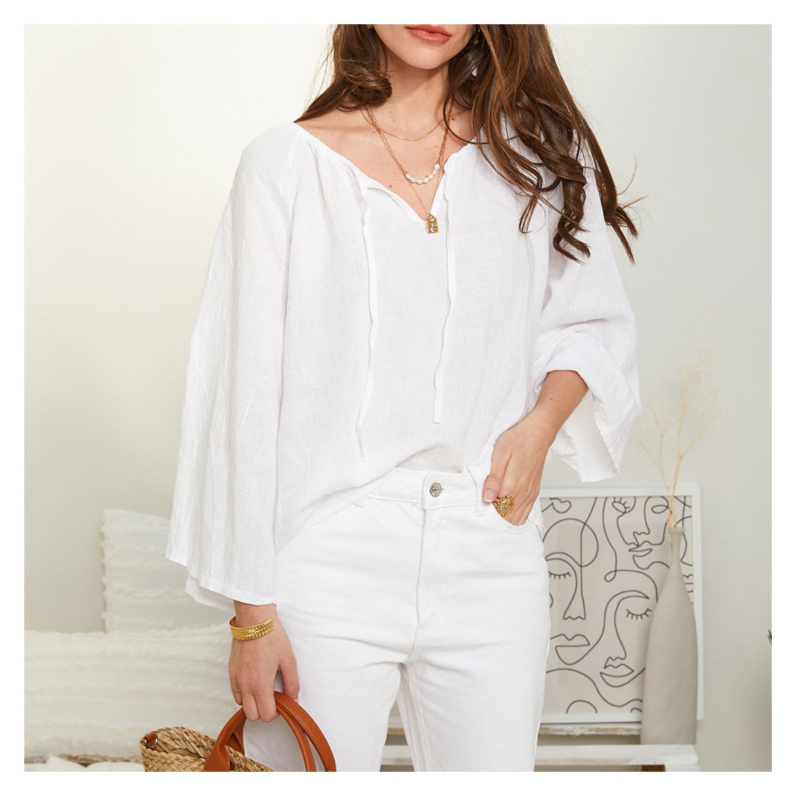 White Tie Neck Linen Top main product photo