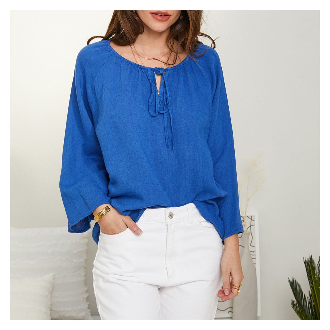 Royal Blue Tie Neck Linen Top main product photo