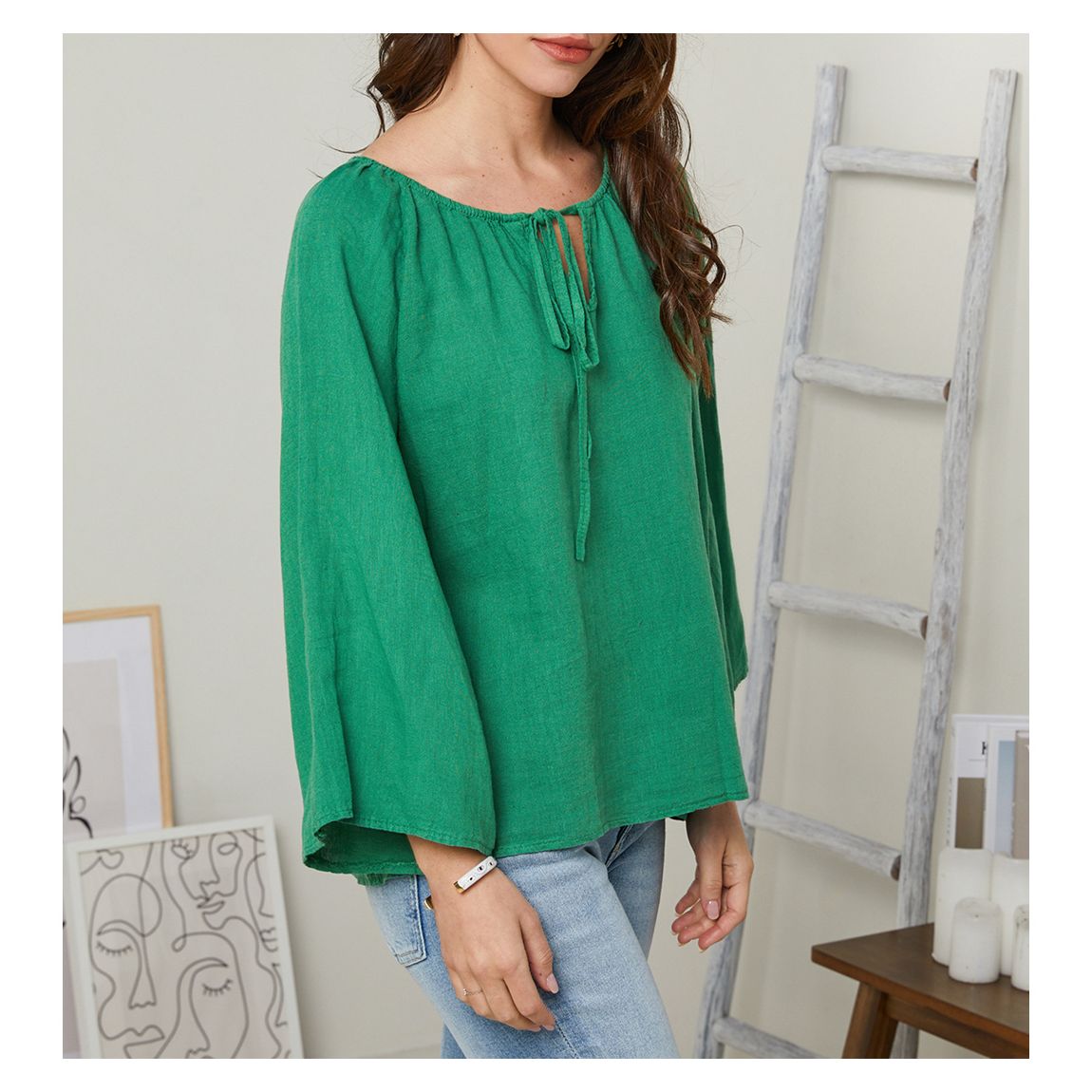 Green Tie Neck Linen Top main product photo