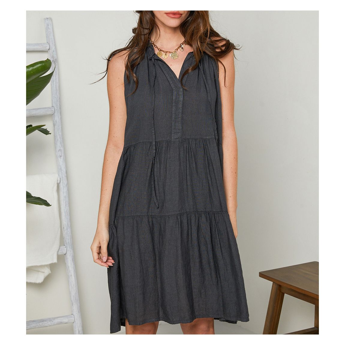 Charcoal Ruffle Linen Mini Dress main product photo
