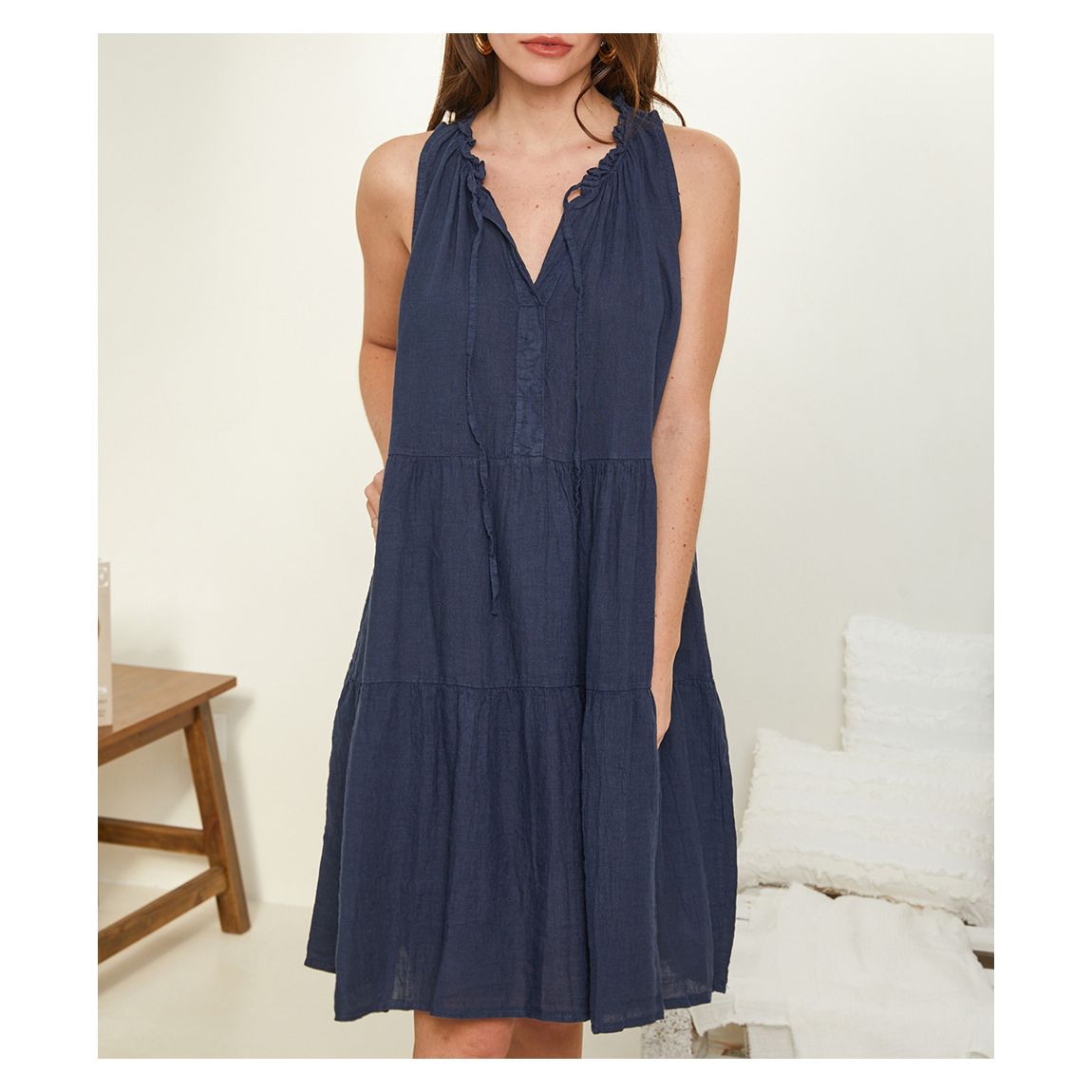 Navy Ruffle Linen Mini Dress main product photo