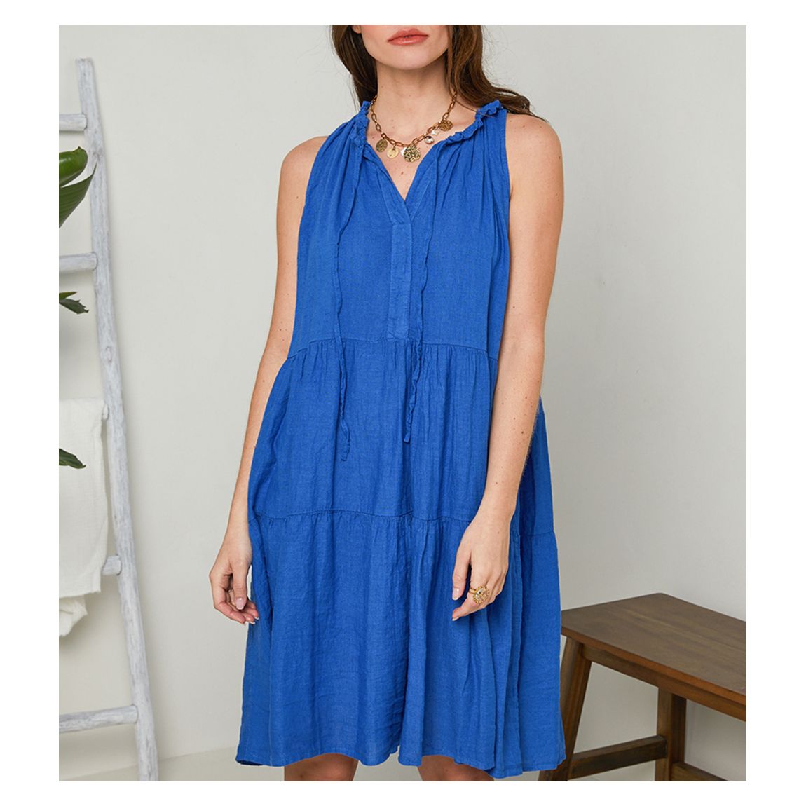 Royal Blue Ruffle Linen Mini Dress main product photo