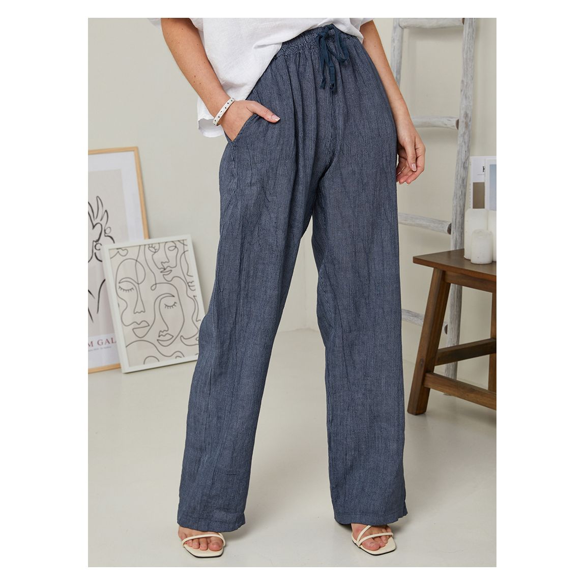Navy Wide Leg Linen Trouser main product photo