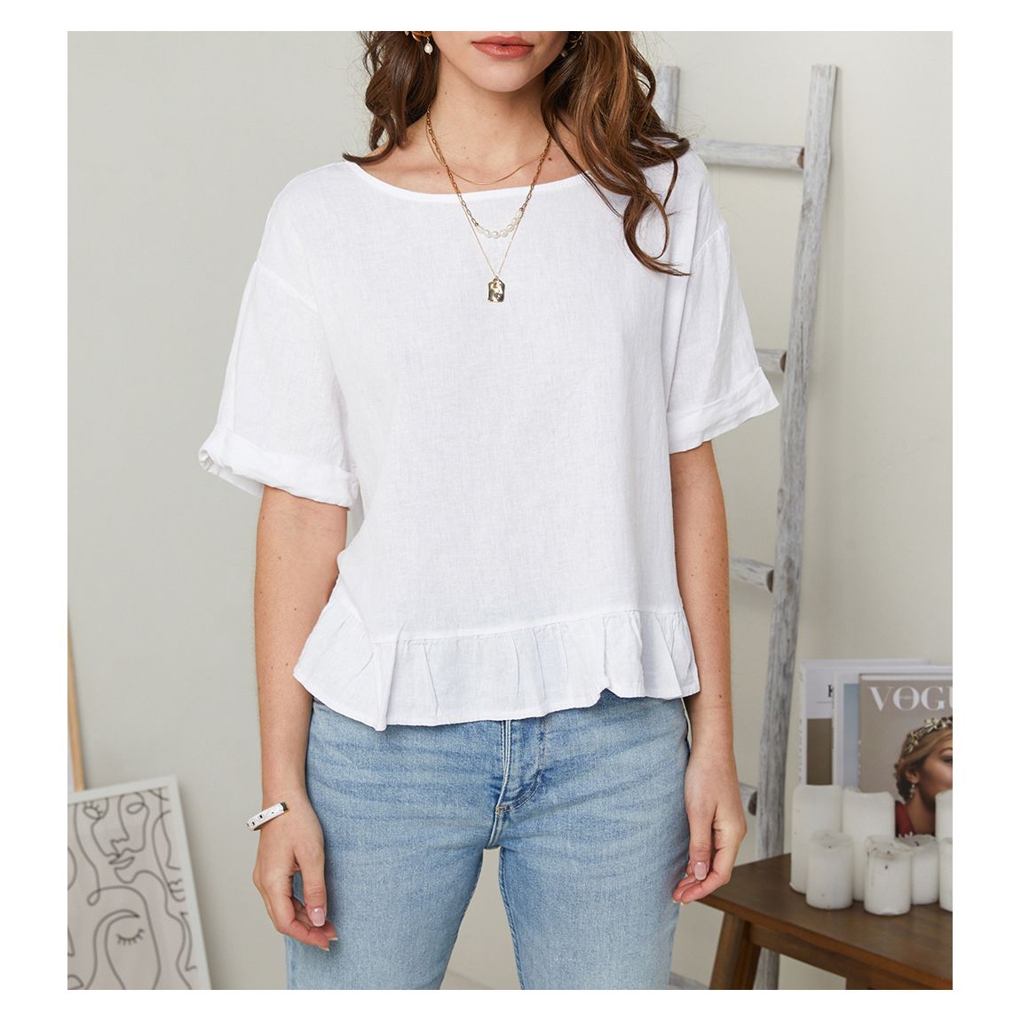White Ruffle Hem Linen Top main product photo