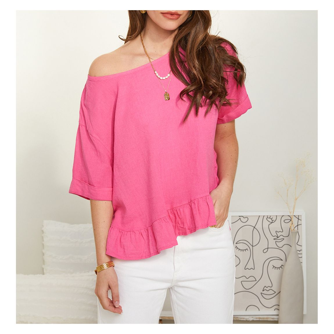 Pink Ruffle Hem Linen Top main product photo