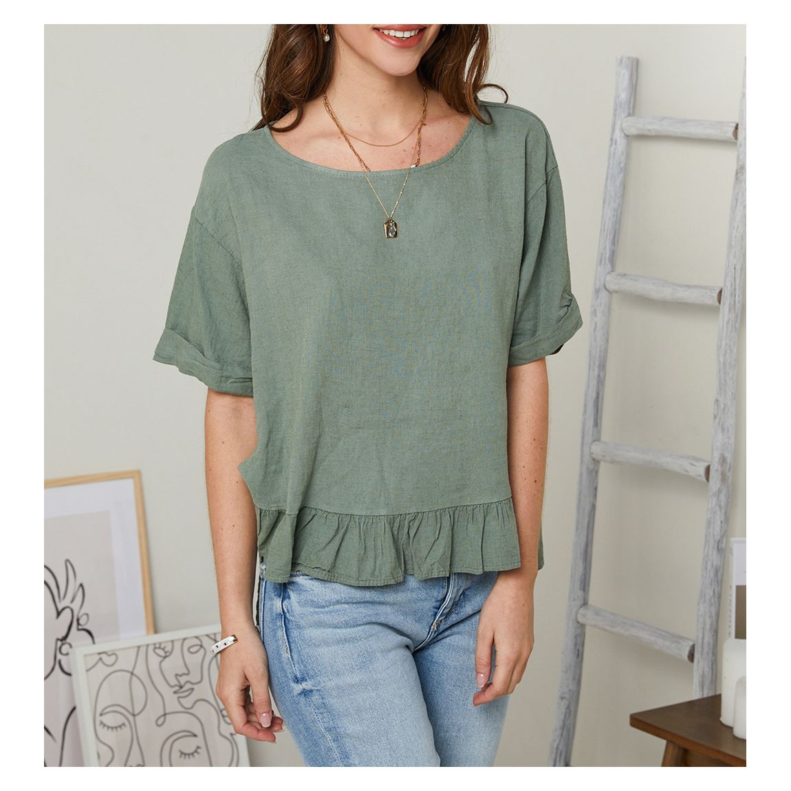 Khaki Ruffle Hem Linen Top main product photo