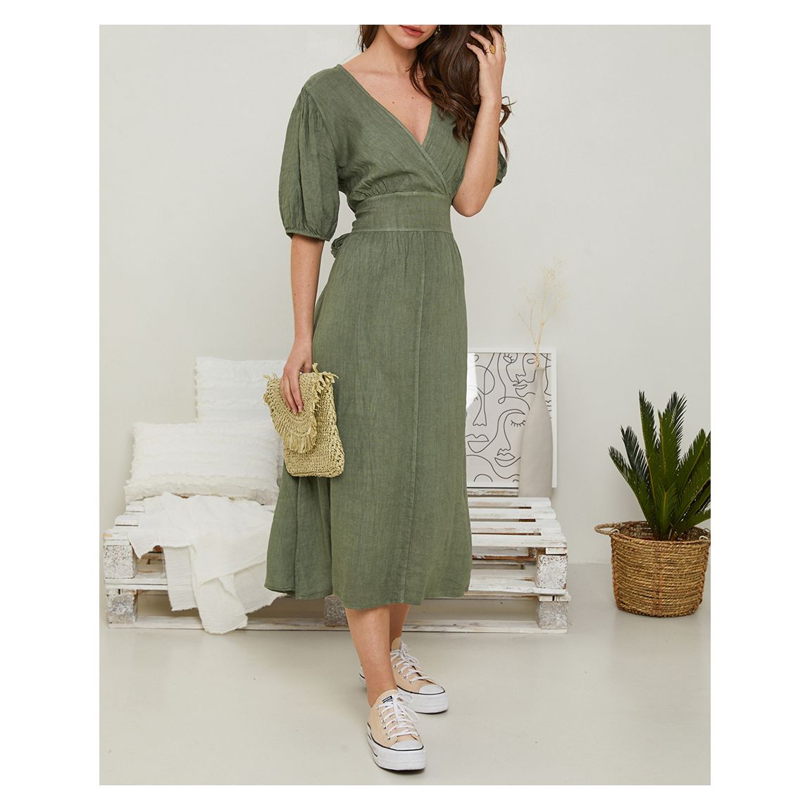 Khaki Puff Sleeve Linen Midi Dress main product photo