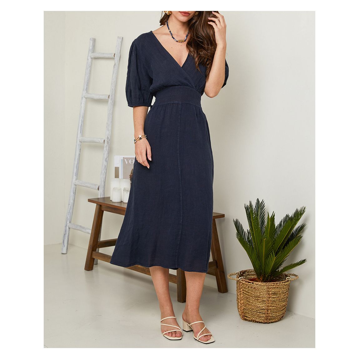 Navy Puff Sleeve Linen Midi Dress main product photo