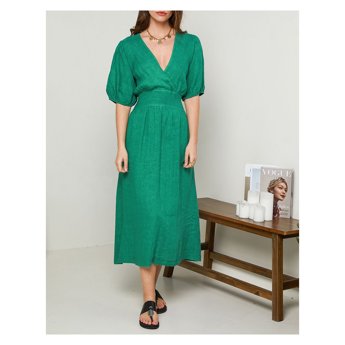 Green Puff Sleeve Linen Midi Dress main product photo