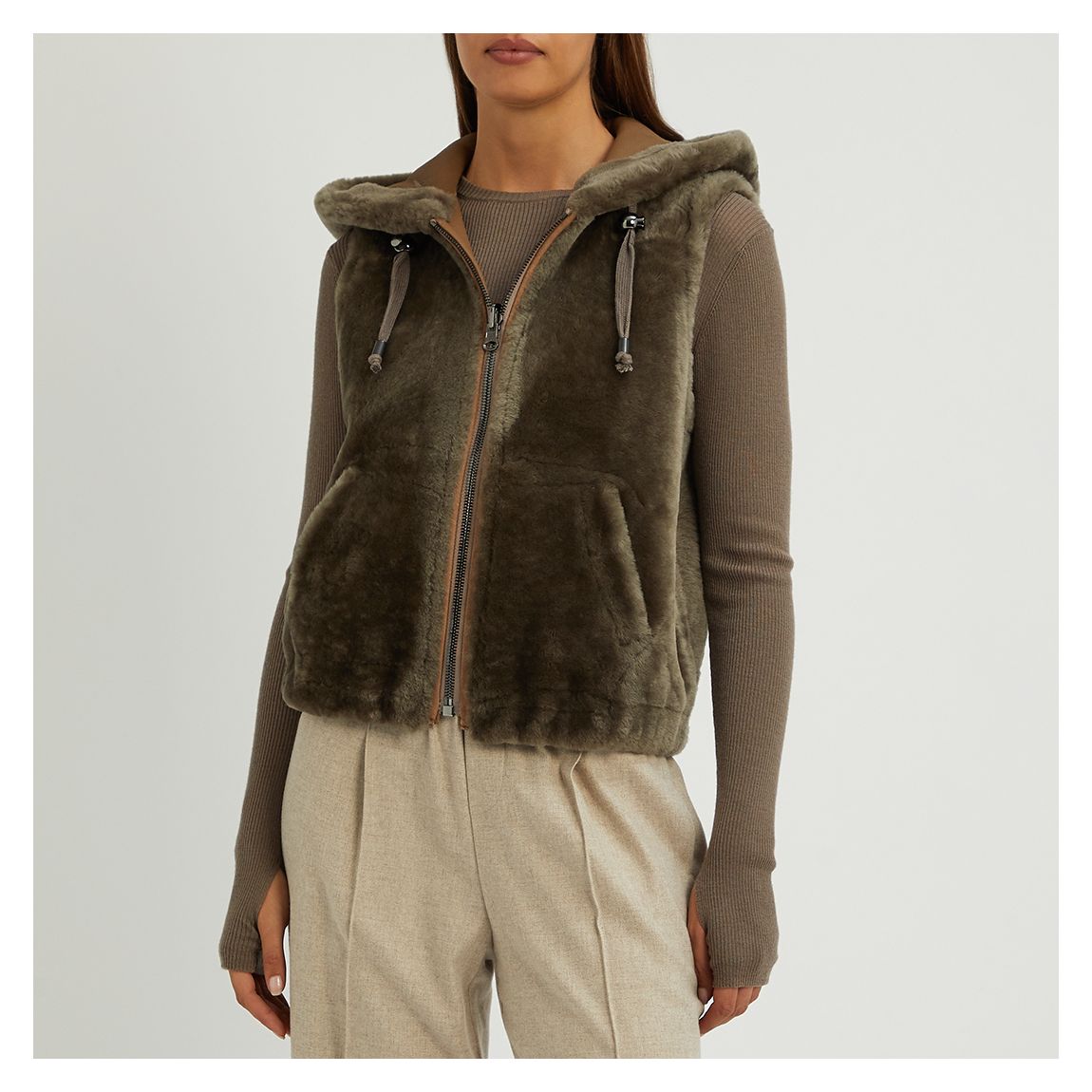 Mushroom Shearling Reversible Hooded Gilet main product photo