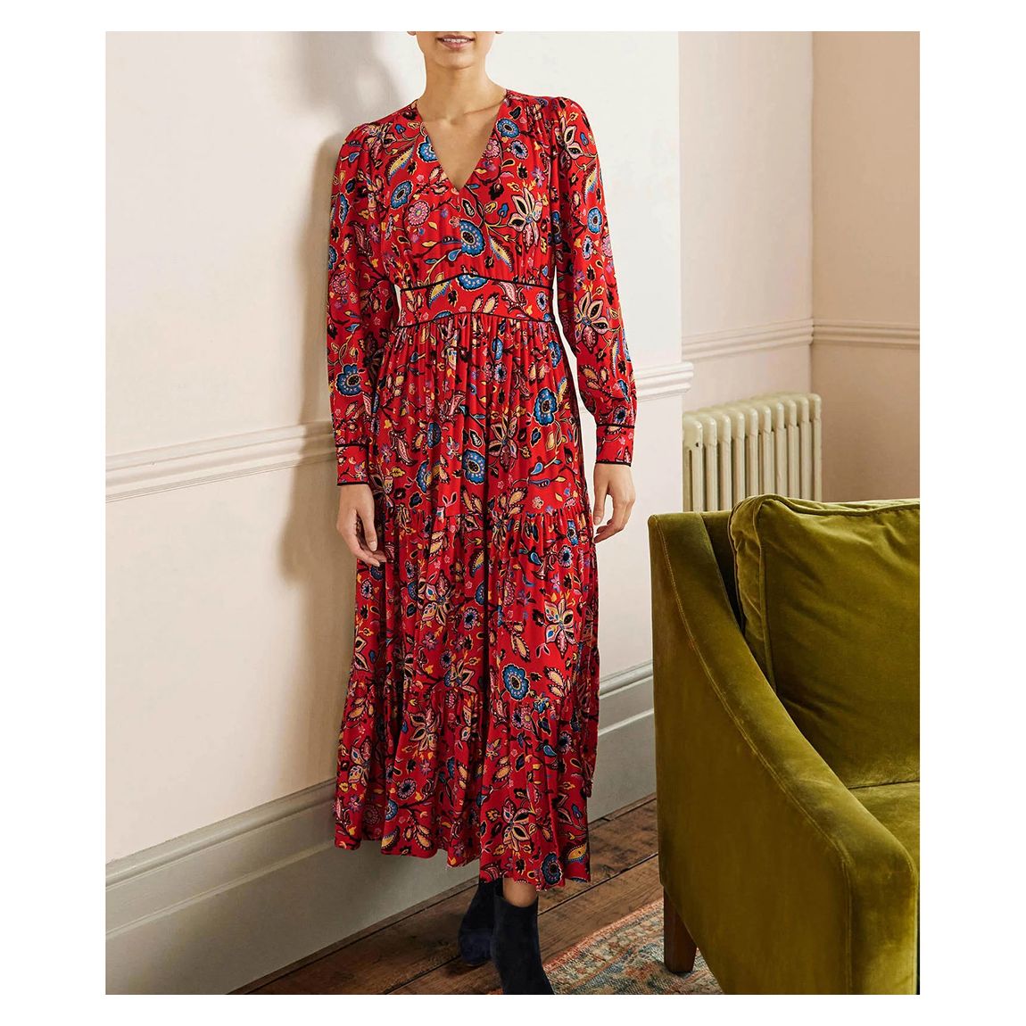 Red Floral V-Neck Tiered Midi Dress main product photo