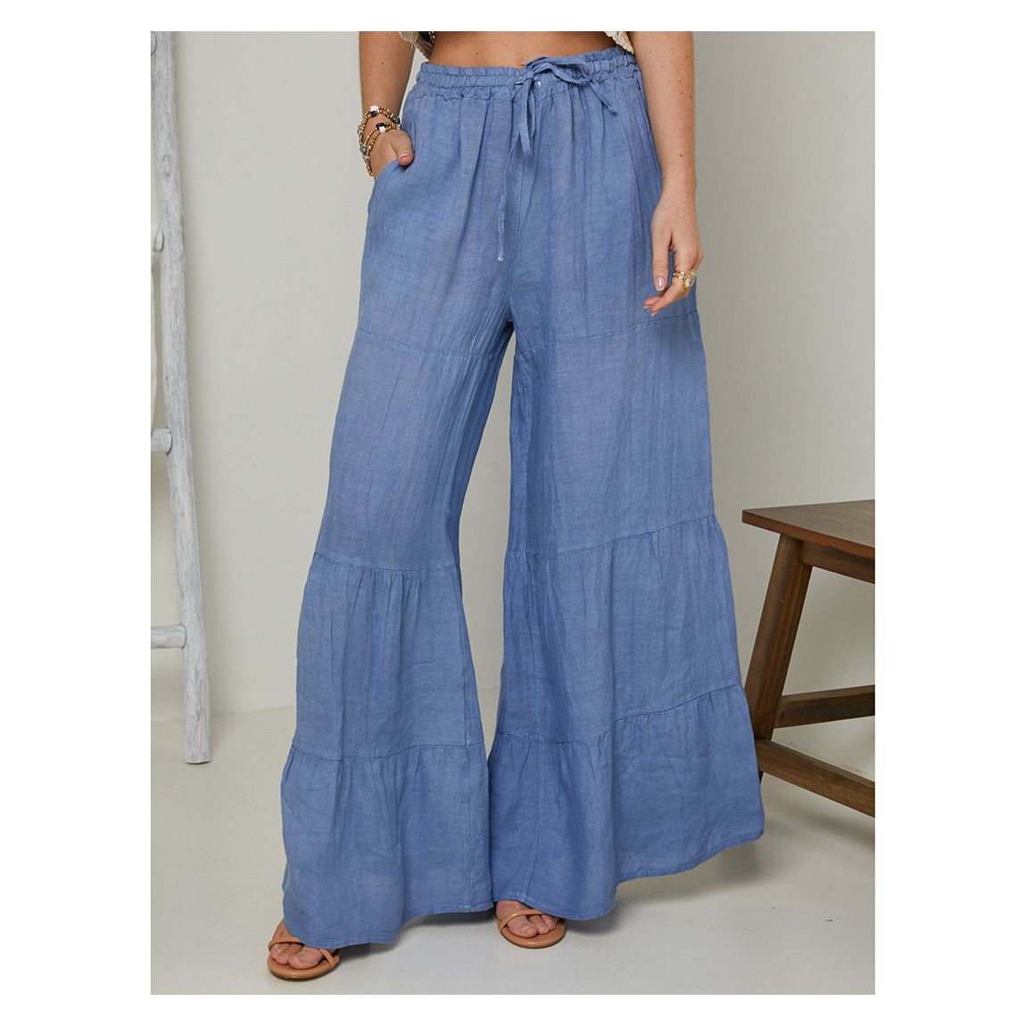 Blue Ruffled Linen Trouser main product photo