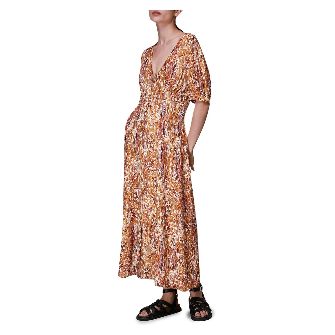 Brown Marble Print Silk Midi Dress main product photo