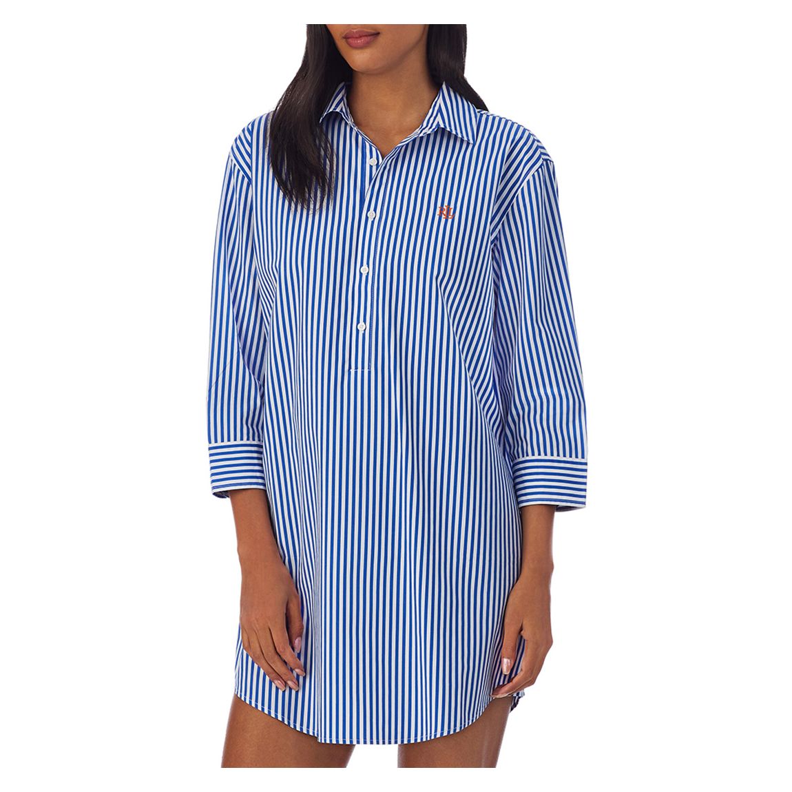 Blue Cotton 3/4 Sleeve Notch Collar Sleepshirt main product photo