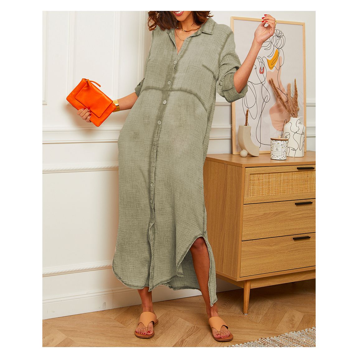 Khaki Button Through Linen Dress main product photo