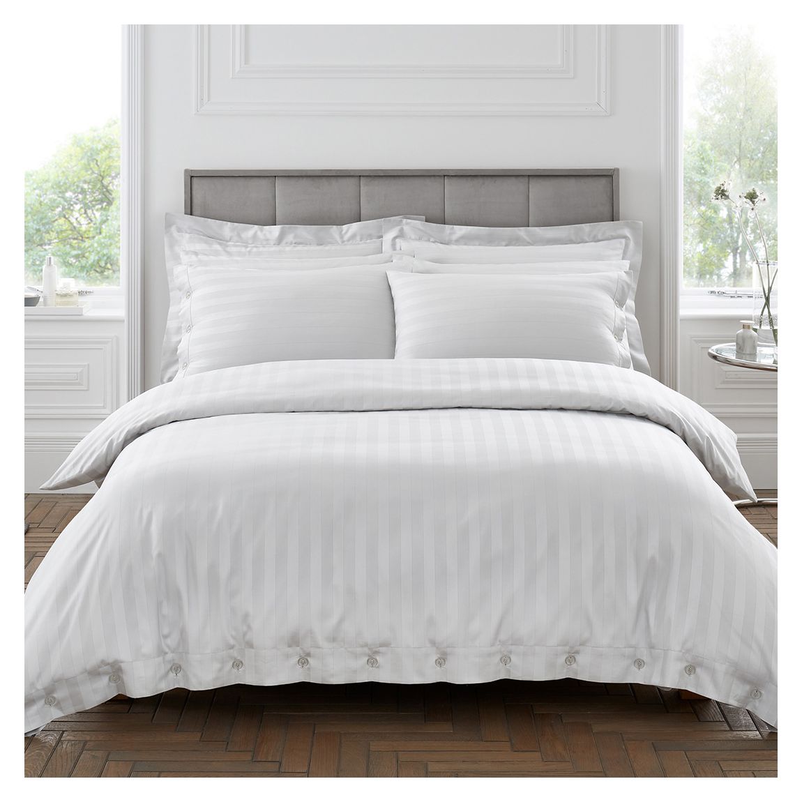 400TC Satin Stripe King Duvet Cover Set, White main product photo
