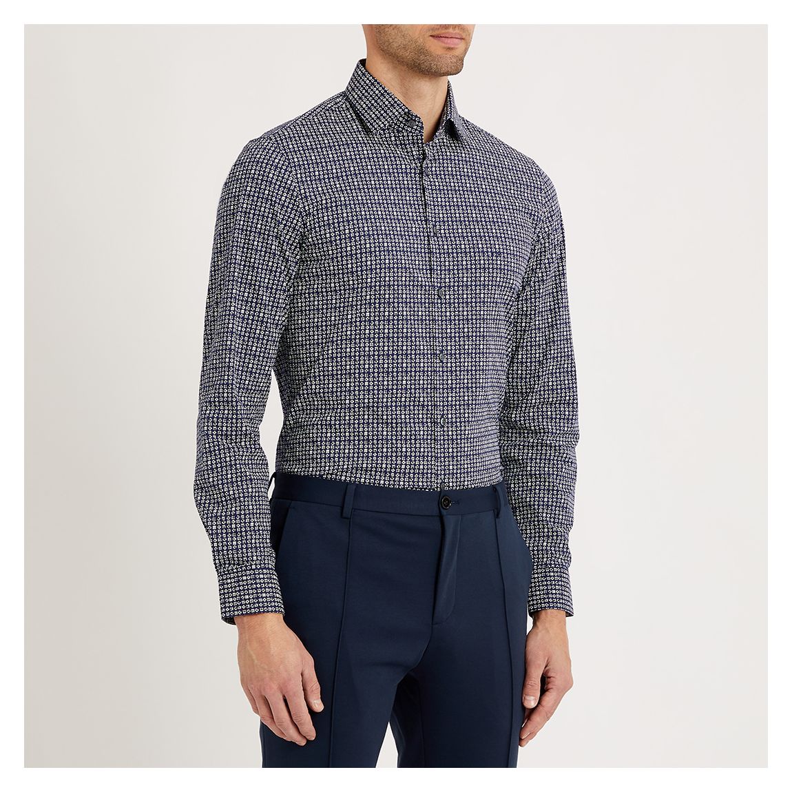 Navy Print Slim Stretch Cotton Shirt main product photo