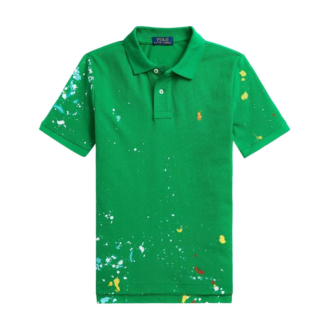 Older Boy's Green Splatter Design Cotton Polo Shirt main product photo